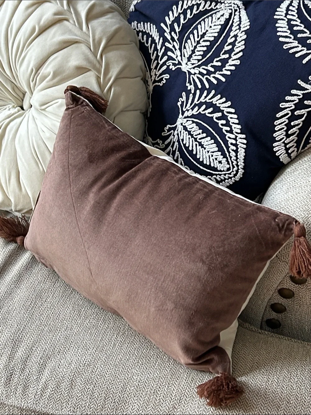 NEW! Fall Harvest Sweater Weather Cream Toss Pillow with Brown Script & Tassels